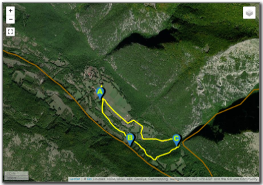 Mappa con foto satellinare dell'itinerario 2: Casali di Cartore , Bocca di Teve , Valle Ruara , Casali di Cartore.