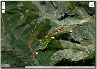 Mappa con foto satellinare dell'itinerario 5: Cartore - Vallone della Cesa - le Caparnie - Lago della Duchessa - Vallone del Cieco - Val di Fua - Cartore.