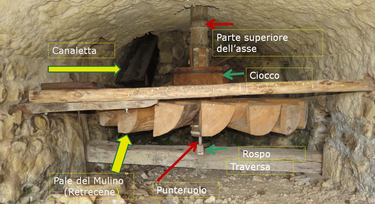 Parti del motore idraulico, con la traversa sul pavimento,
il rospo, il punteruolo, la ruota dentata, il ciocco e l'albero di trasmissione