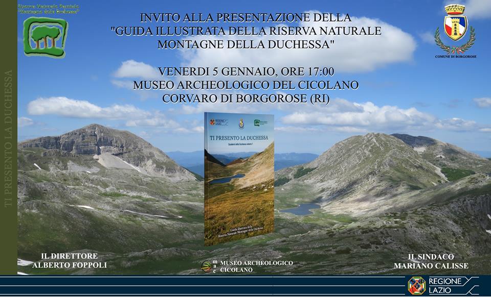 Locandina della presentazione della Guida della Riserva, con la conca del Lago della Duchessa vista dal Costone a fine primavera